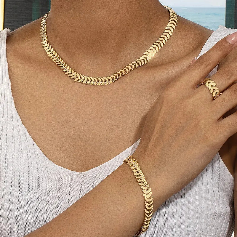 Luxury Inlaid Rhinestone Heart Chain Necklace Bracelet Ring Set for Women Punk Chunky Chain Neckalce Elegant Jewelry Accessories