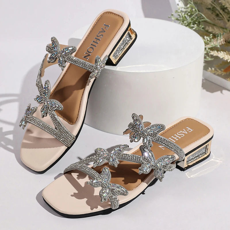 Luxury Crystal Butterfly Sandals for Women Summer Hollow Out Square Heels Sandals Woman Elegant Med Heel Party Shoes Plus Size