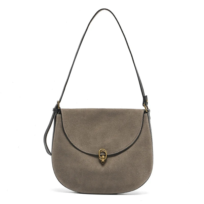 Genuine Cowhide Leather Saddle Bag for Women Large capacity Crossbody Bag Suede Leather Shoulder Bag with Gold Buckle Closure