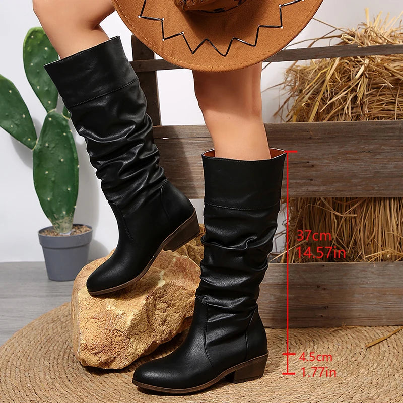Black Pu Leather Knee-High Boots Women Slip On Med Heel Western Cowboy Boots Woman Autumn Winter Pleated Long Botas Plus Size 43