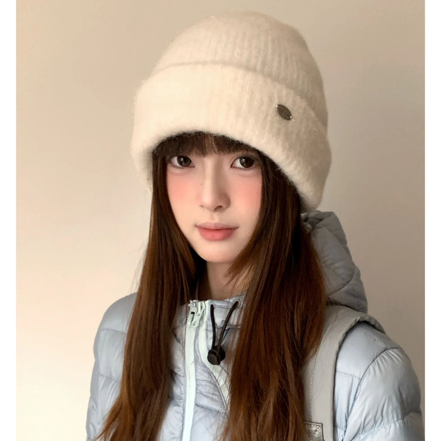 Woolen Gray Knitted Hat With A Korean Vibe Suitable For Women In Winter With A Large Head Circumference Arm And Covering Ears