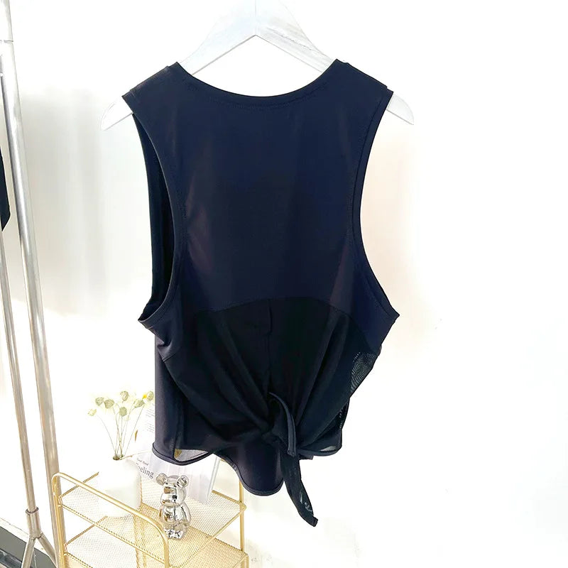 Women Open Back Tie Knot Yoga Tank Sleeveless Quick Dry Nylon Spandex Workout Crop Vest Gym Breathable Sport Fitness Top