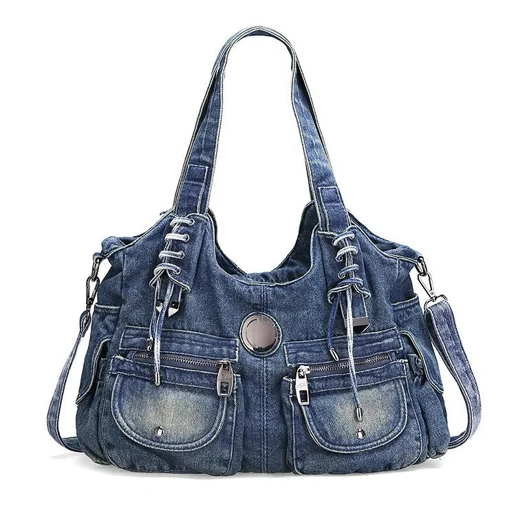 Casual Hobo Denim Bag Women Shoulder Bag Jeans Multiple Pockets Tote Handbag