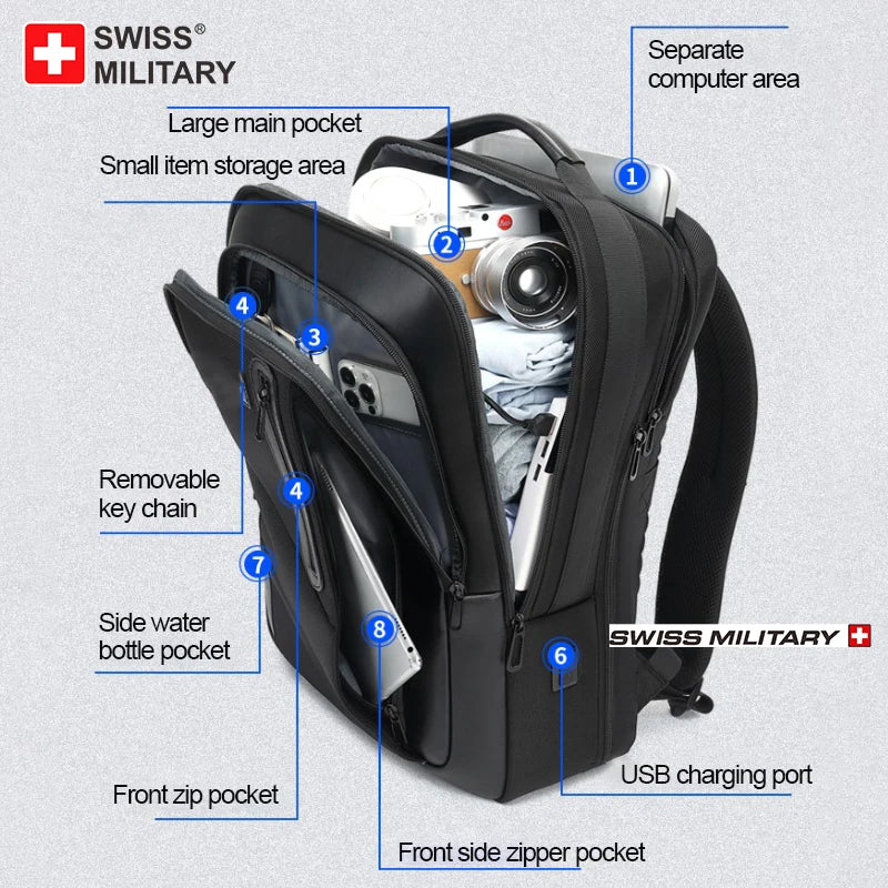 SWISS MILITARY Travel Multifunction Bag USB Charging Waterproof Laptop Backpack