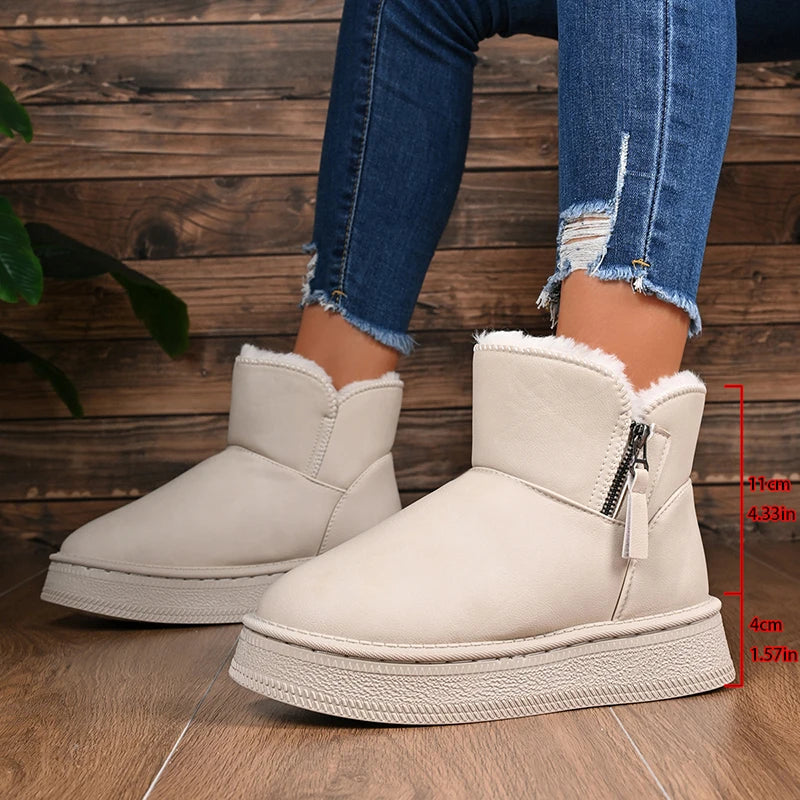 Pu Leather Warm Thicken Plush Snow Boots Women Comfort Thick Sole Non Slip Cotton Padded Shoes Woman Zipper Fluffy Winter Boots