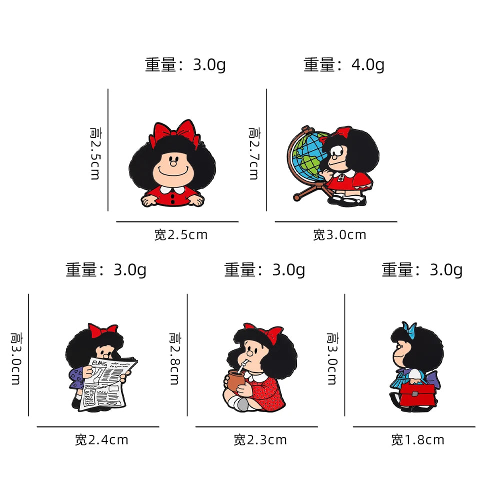 5 Pcs Anime Mafalda Cute Character Brooch Individuality Enamel Pin Backpack Clothing Jewelry Metal Badge Accessories Gift
