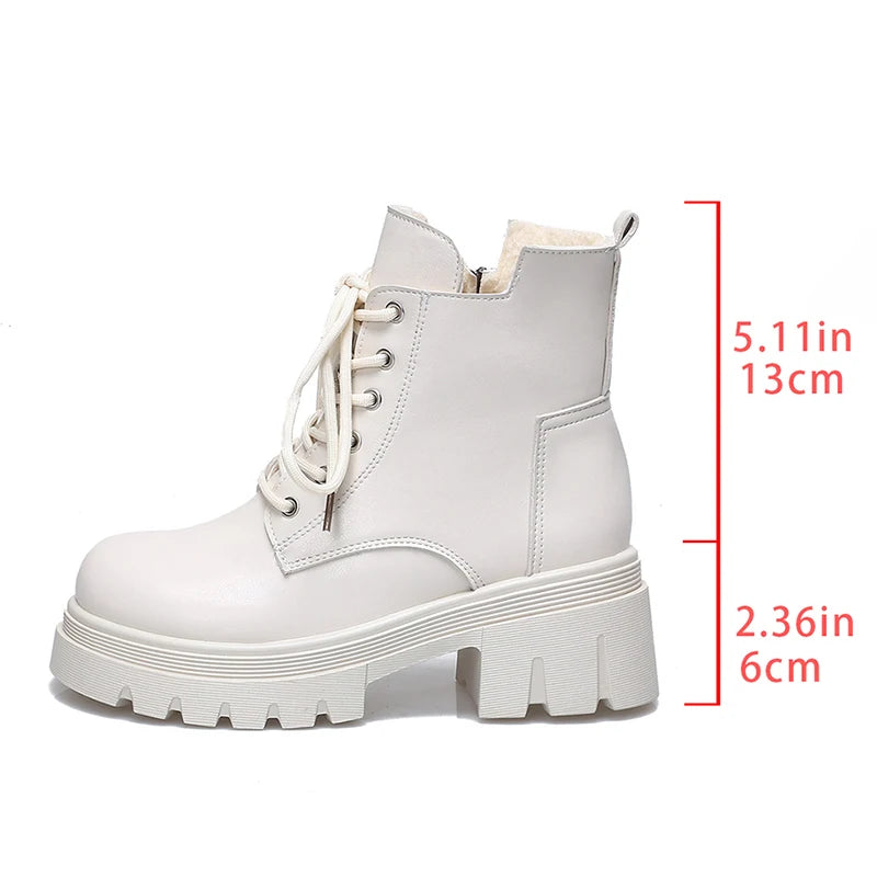 Classic Chunky Platform Ankle Boots Women Lace Up Warm Thicken Plush Winter Boots Woman Thick Sole Pu Leather Motorcycle Botas