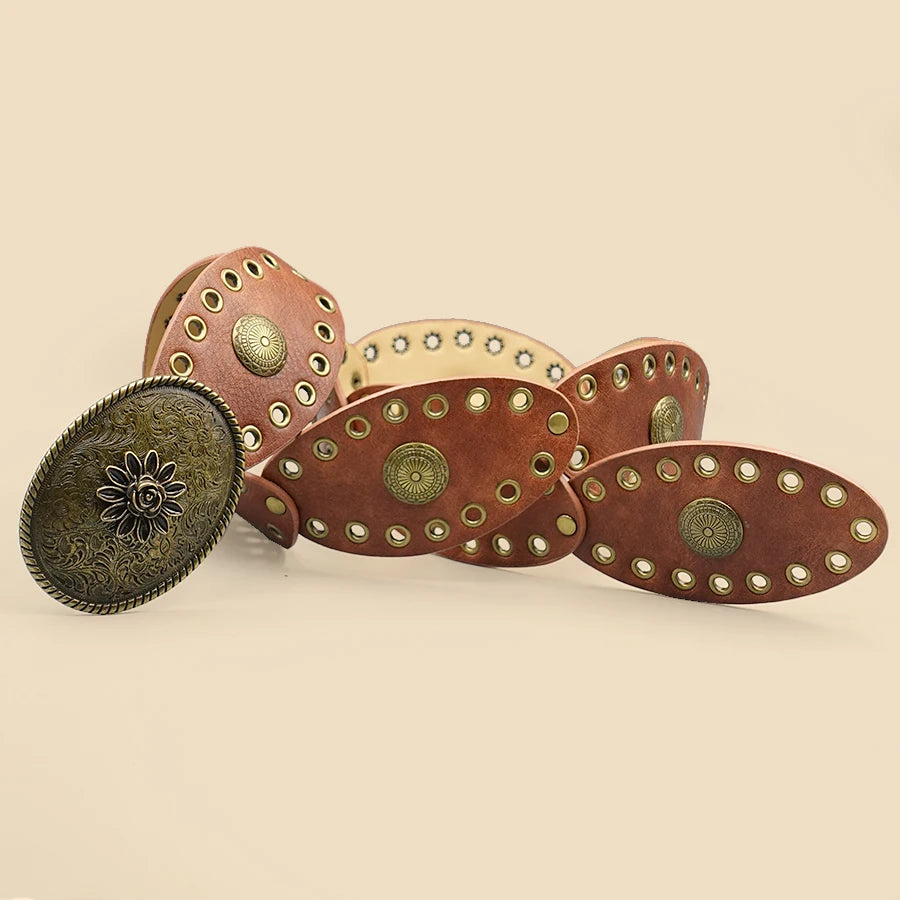 Punk Style Vintage Belt - Round Studded Design with Antique Brass Eyelets, Versatile Waistband for Daily Wear & Urban Styling