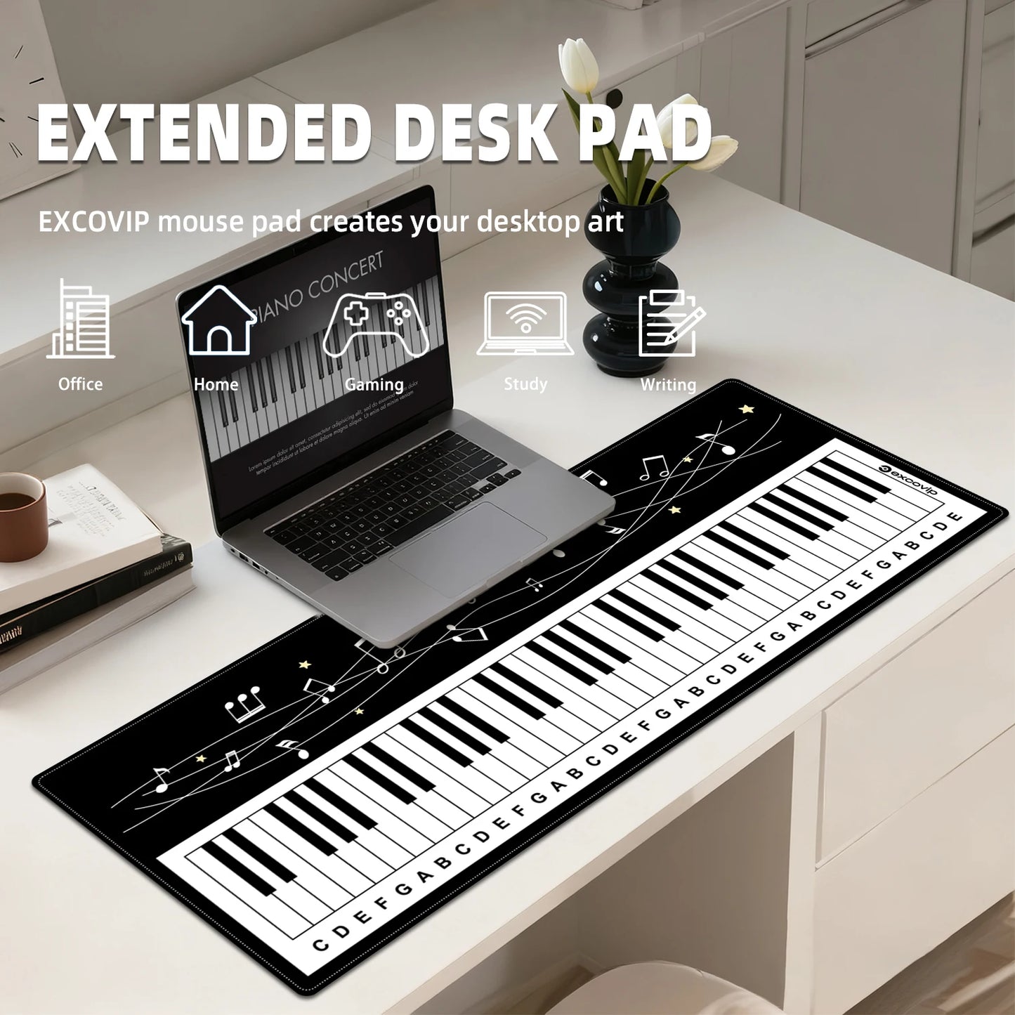 EXCO Piano Gaming Mouse Pad Large Computer Desk Mat Keyboard Mousepad with Stitched Edge Non-Slip Rubber Base for Office Home