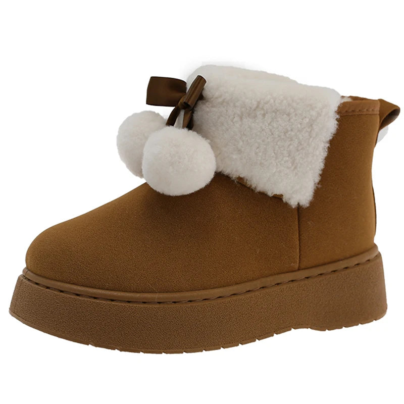 Cute Ball Platform Snow Boots for Women Comfort Thick Bottom Non Slip Fluffy Ankle Boots Woman Slip On Plush Warm Cotton Shoes