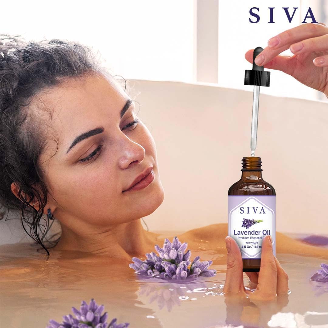 SIVA Lavender Essential Oil - 4 Fl Oz – Natural Lavender Oil - for Diffuser, Face, Skin Care, Aromatherapy, Hair Care, Scalp and Body Massage - with Dropper