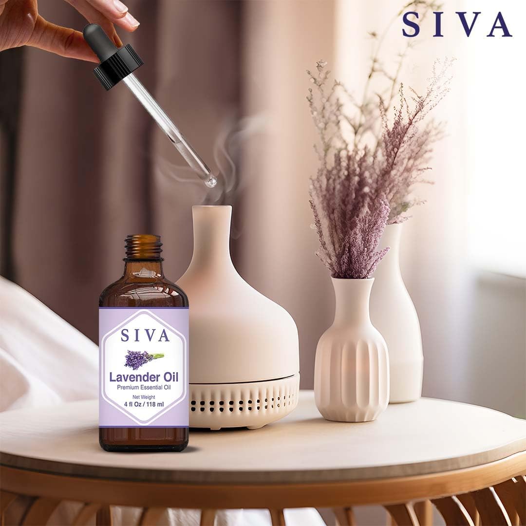 SIVA Lavender Essential Oil - 4 Fl Oz – Natural Lavender Oil - for Diffuser, Face, Skin Care, Aromatherapy, Hair Care, Scalp and Body Massage - with Dropper