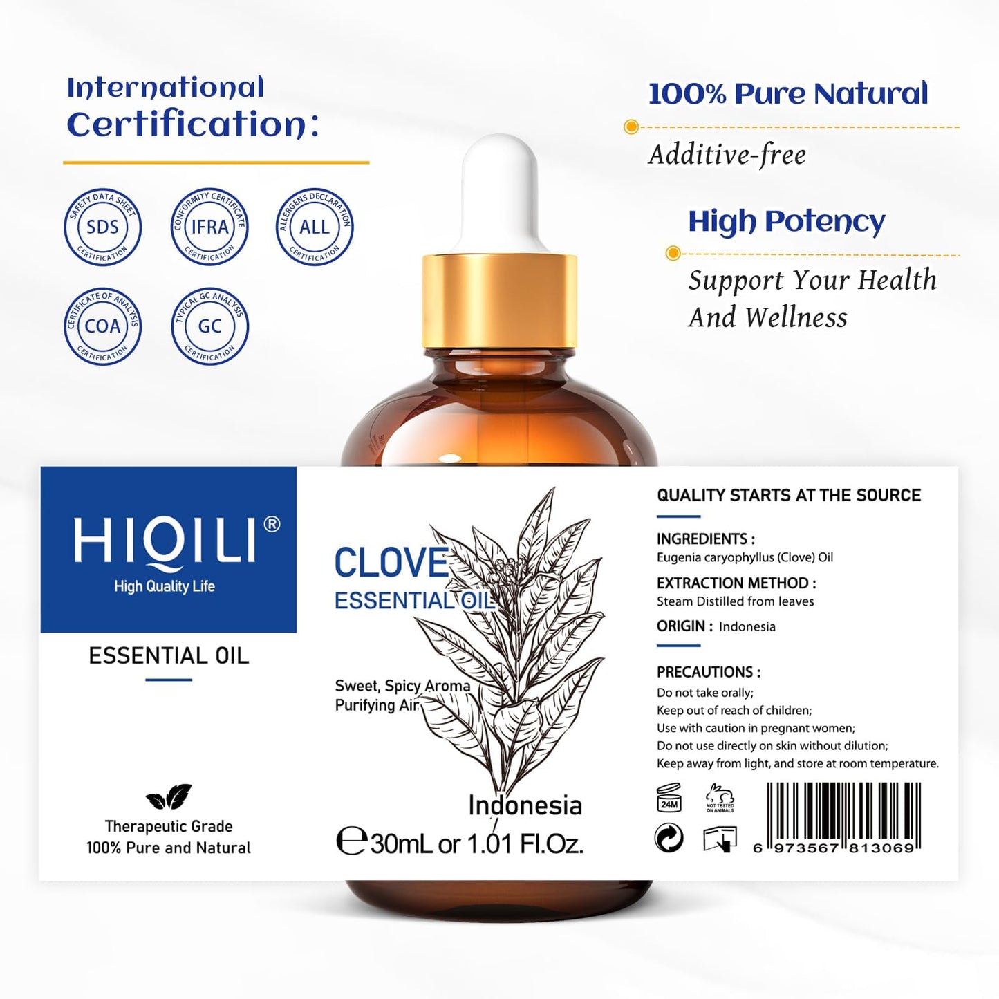 HIQILI 1 Fl Oz Clove Oil for Teeth and Gums, Oral Care, DIY Clean Spray, Aromatherapy, 100% Pure Natural Premium - 30ml