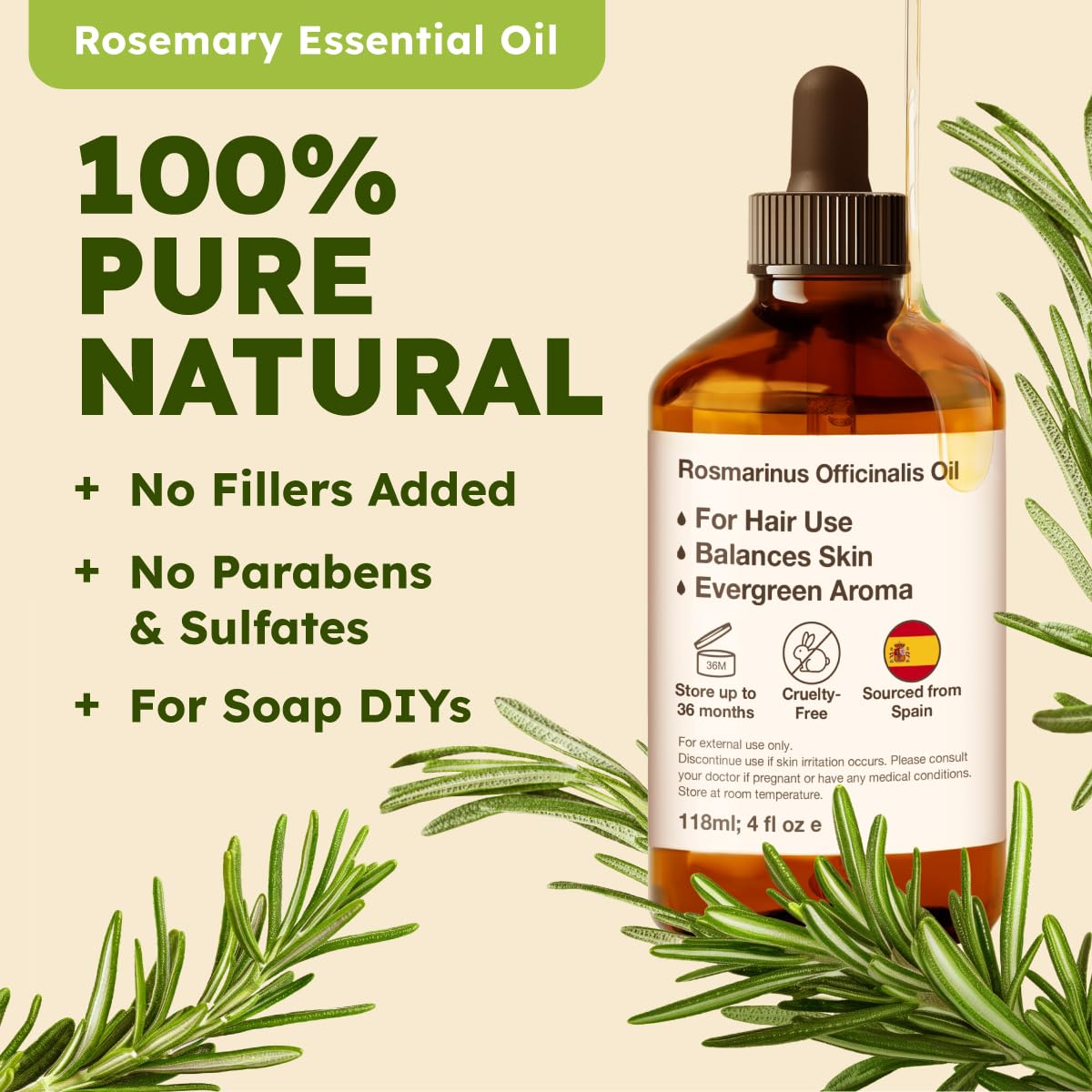100% Pure & Natural Rosemary Oil for Hair, Skin, Aromatherapy & Soap Making Scent (4 Fl Oz / 118 ml)