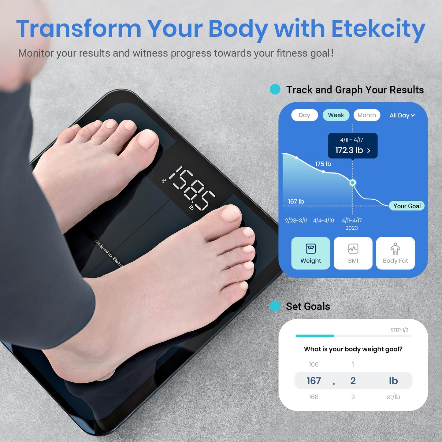 Etekcity Smart Scale for Body Weight, Bathroom Digital Weighing Scale with BMI, Body Fat, Muscle Mass, Accurate Bluetooth Home User Health Equipment Sync Apps