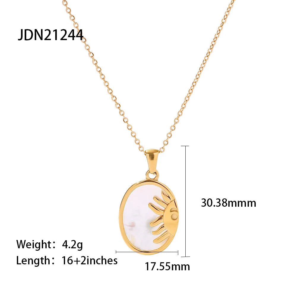 Uworld INS Stainless Steel White Shell Sun Necklace 18K Gold Plated Oval Sun Moon Shell Pendant Necklace Jewelry ожерелье Gift