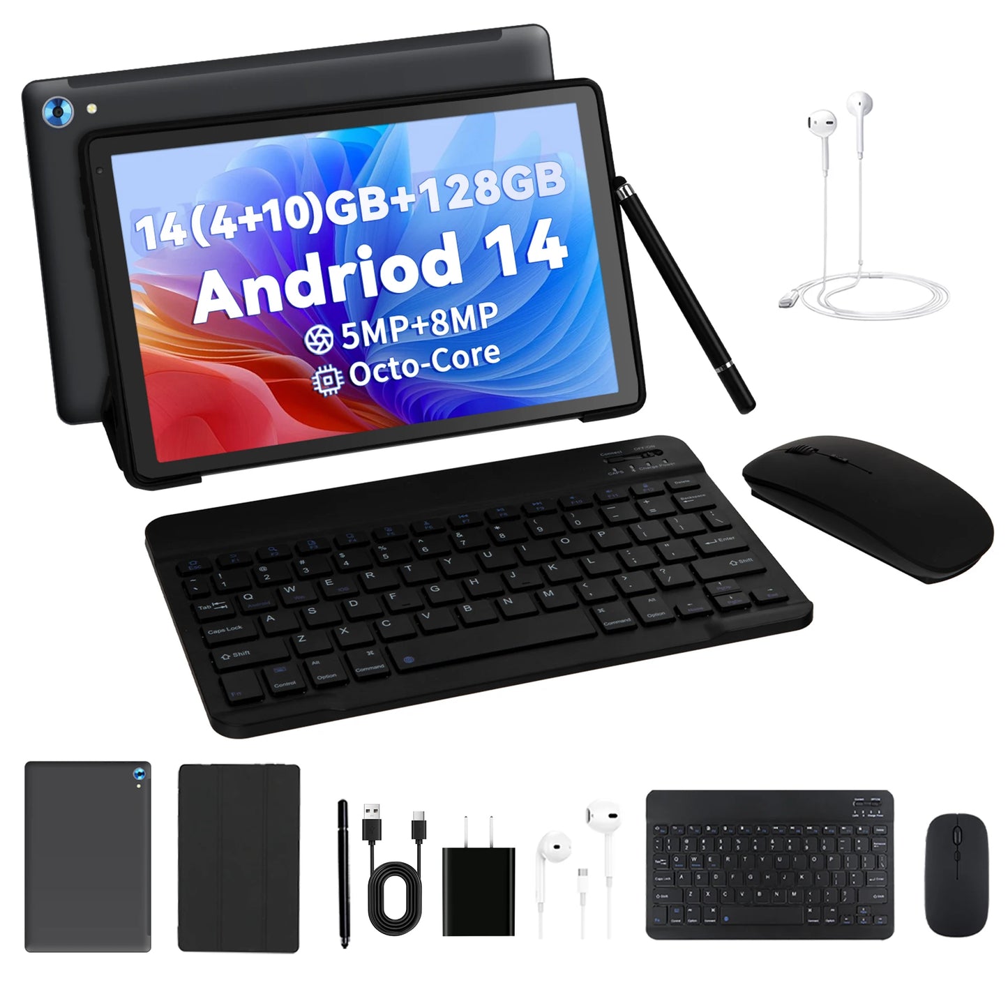C108 10.1" Android 14 Tablet 10GB+128GB w/ Case Keyboard Mouse Stylus Headphones
