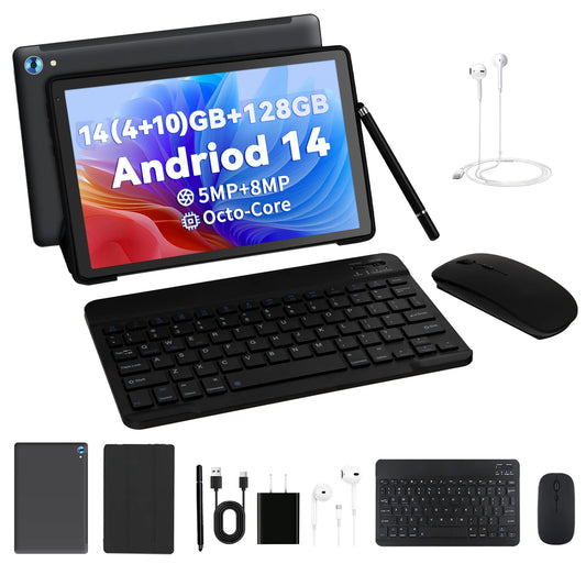 C108 10.1" Android 14 Tablet 10GB+128GB w/ Case Keyboard Mouse Stylus Headphones