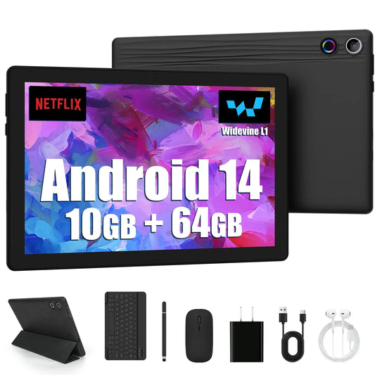 Android 14 10" Tablet A523, 8GB+64GB, 5000mAh, Face Unlock, w/ Keyboard & Mouse