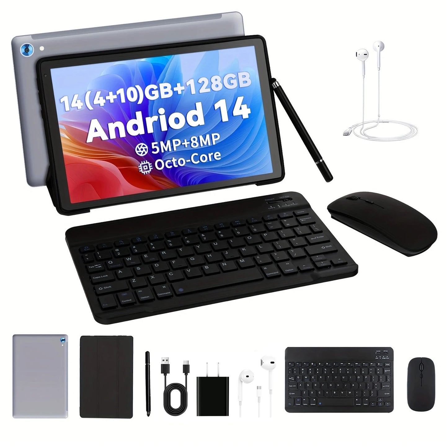 C108 10.1" Android 14 Tablet 10GB+128GB w/ Case Keyboard Mouse Stylus Headphones
