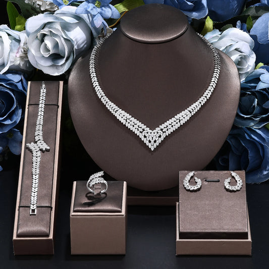 Wedding Jewelry Set Women Saudi Arabia, 4 Pieces Zirconia Bridal Necklace Set