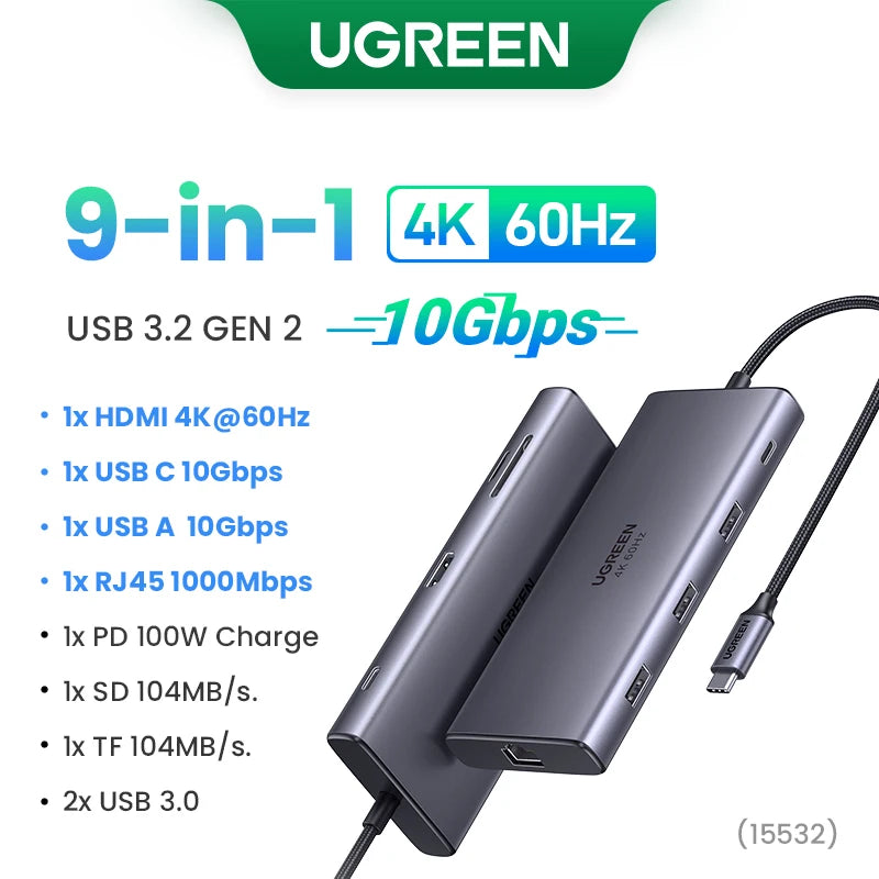 UGREEN USB-C HUB 9-in-1 Type-C to 4K60Hz HDMI 10Gbps Data 1000Mbps RJ45 PD100W SD&TF for Laptop Accessories MacBook DELL iPad HP