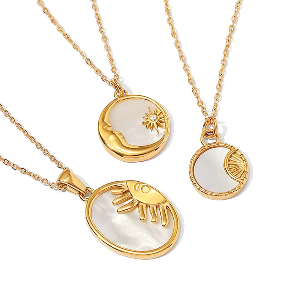 Uworld INS Stainless Steel White Shell Sun Necklace 18K Gold Plated Oval Sun Moon Shell Pendant Necklace Jewelry ожерелье Gift