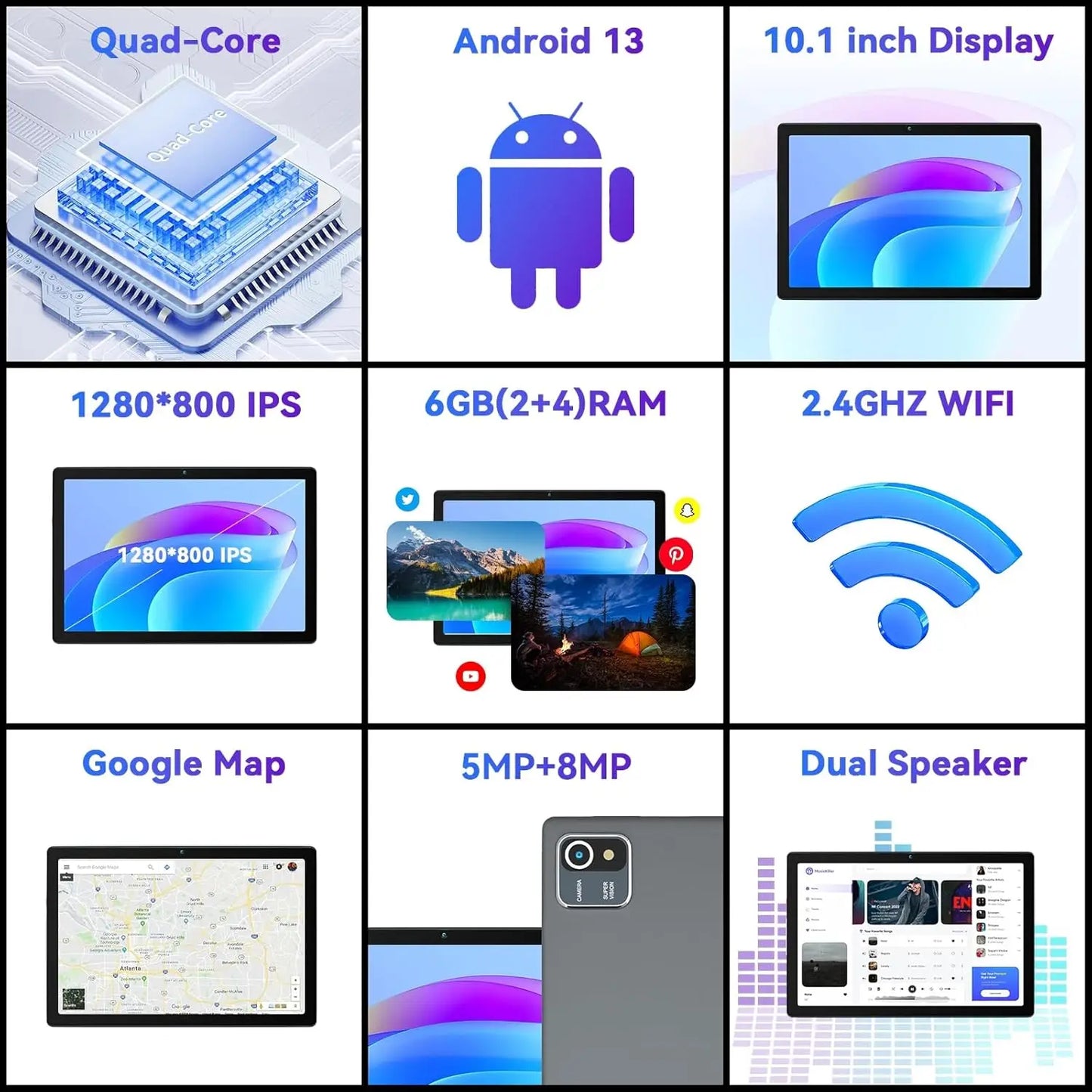 AEEZO MB1001 10" Android Tablet, 6GB+64GB, 5MP+8MP Camera, HD, WiFi, Bluetooth