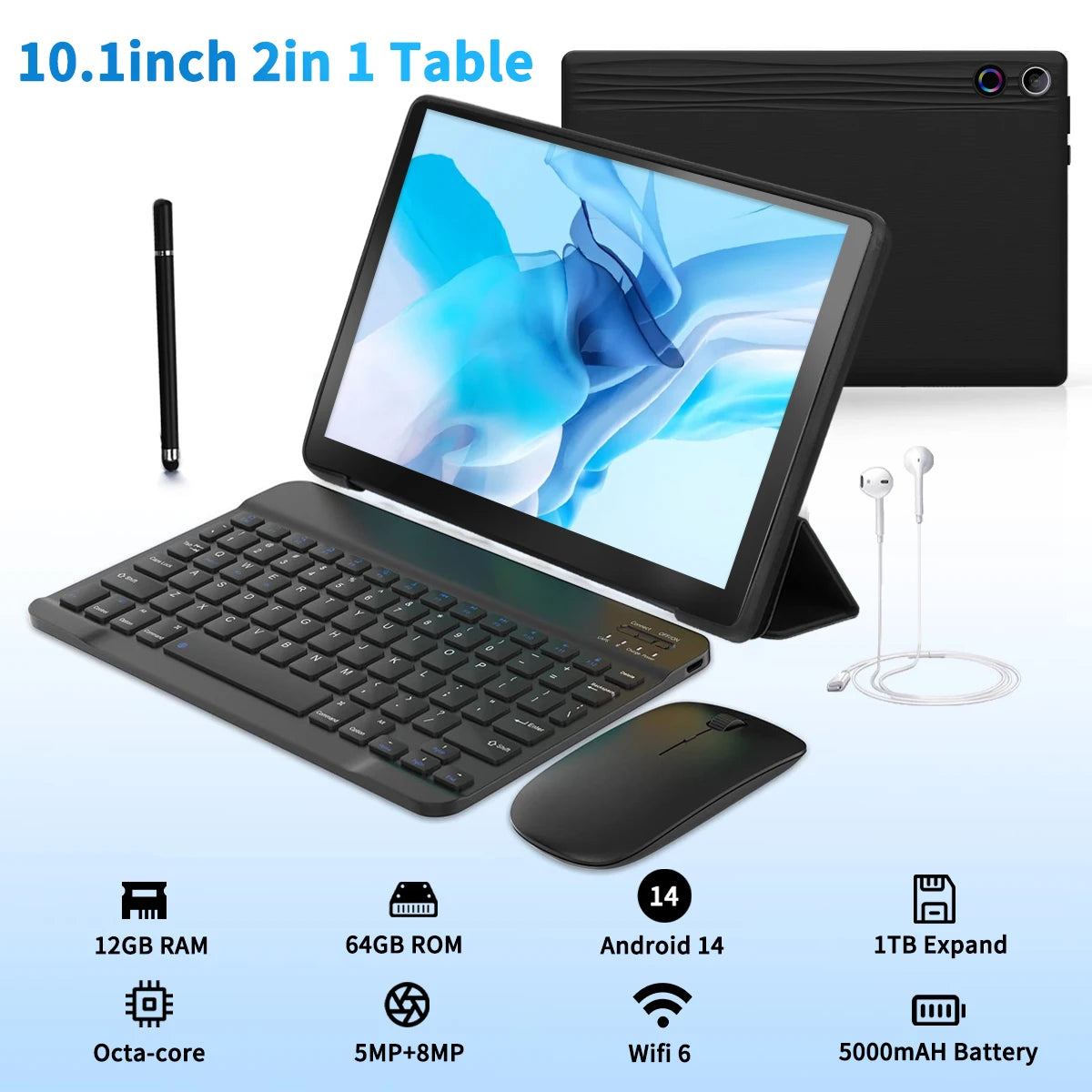 10" Android 14 Tablet, 12GB+64GB, 1TB Expand, w/ Keyboard, Mouse, Stylus & Bag