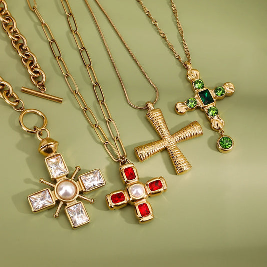 Uworld Delicate Colorful Bling Cubic Zirconia Cross Pendant Stainless Steel Luxury Necklace High-Grade Fashion Shiny Jewelry Gif