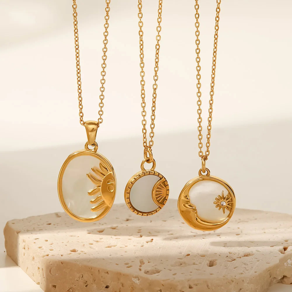 Uworld INS Stainless Steel White Shell Sun Necklace 18K Gold Plated Oval Sun Moon Shell Pendant Necklace Jewelry ожерелье Gift
