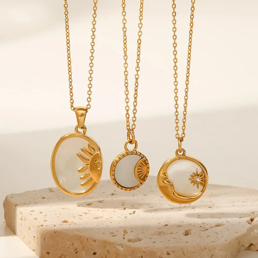 Uworld INS Stainless Steel White Shell Sun Necklace 18K Gold Plated Oval Sun Moon Shell Pendant Necklace Jewelry ожерелье Gift