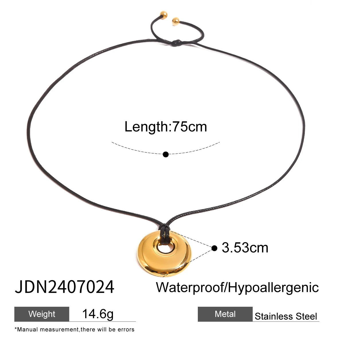 Uworld Fashion Trend 18k Gold Color Plated Stainless Steel Oversized Hammer Pattern Pendant Black Wax Rope Necklace Women's Acce