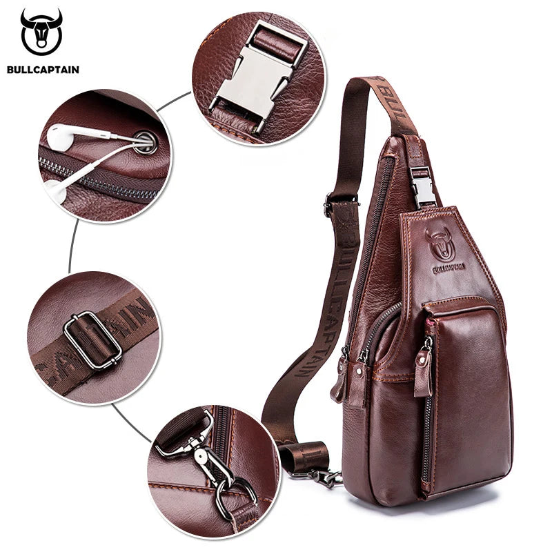 BULLCAPTAIN Men's Genuine Leather Chest Pack Chest Bag Men Multifunctional Headphone Jack Bages Casual Messenger Bags Men Bag's