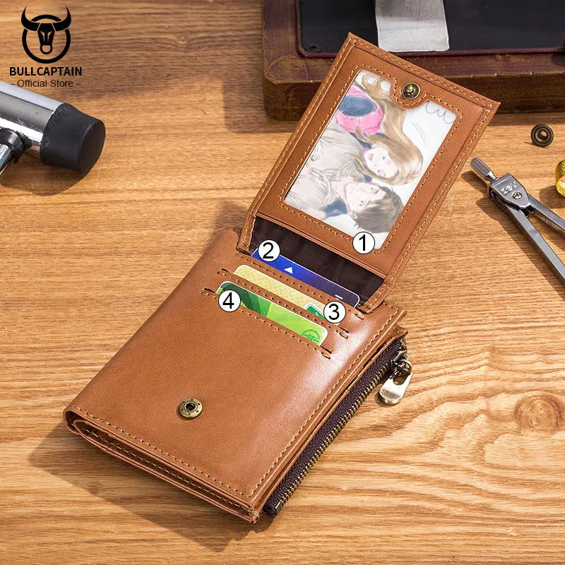 BULLCAPTAIN New Small Wallet Genuine Leather Wallets Coin Purse Quality Short Male Money Bag Rifd Hardware Pull Card Walletes