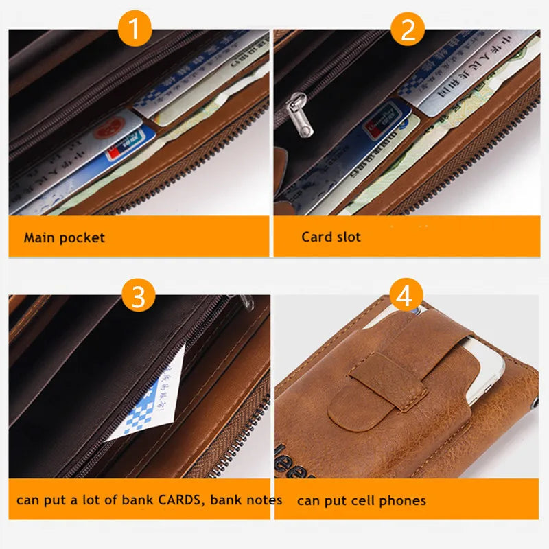 JEEP BULUO Leather Brand Purse Phone Double Zipper Luxury Wallet Clutch Bag