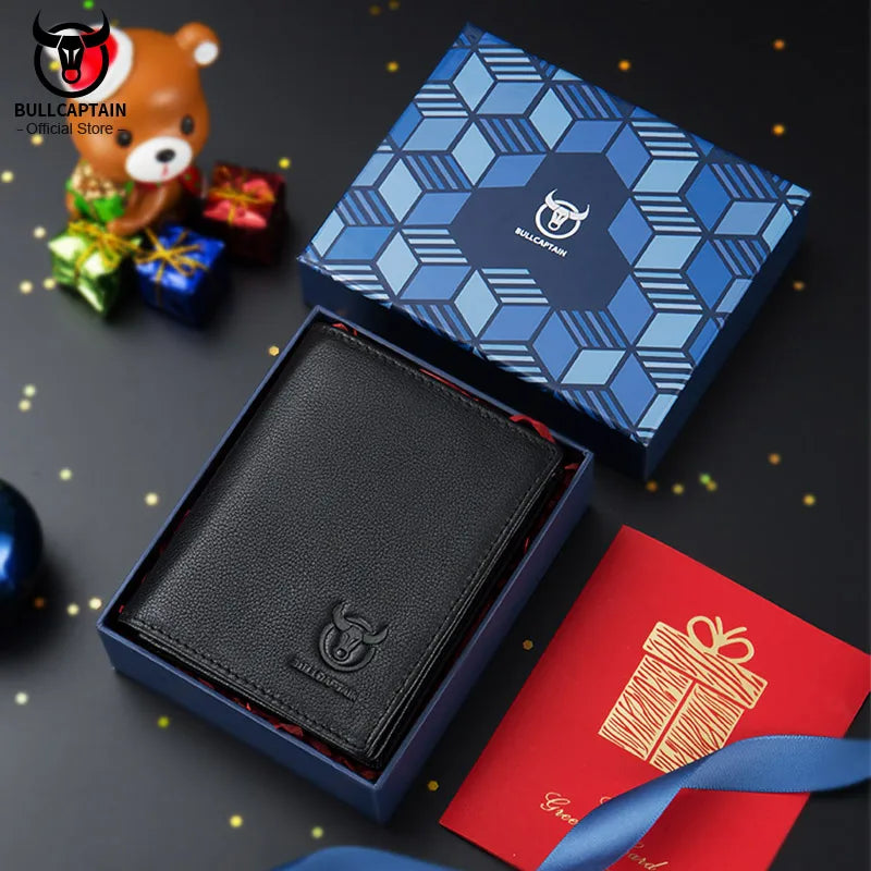 Bullcaptain Large Capacity Leather Bi-Fold Wallet Men's Gift Wallet's Compact Mini Credit Card Holder RFID Wallet Man