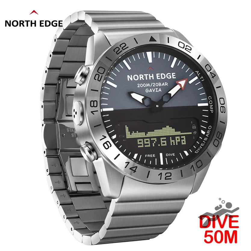 NORTH EDGE Mens Dive Compass Digital Watch Military Luxury Full Steel Smartwatch