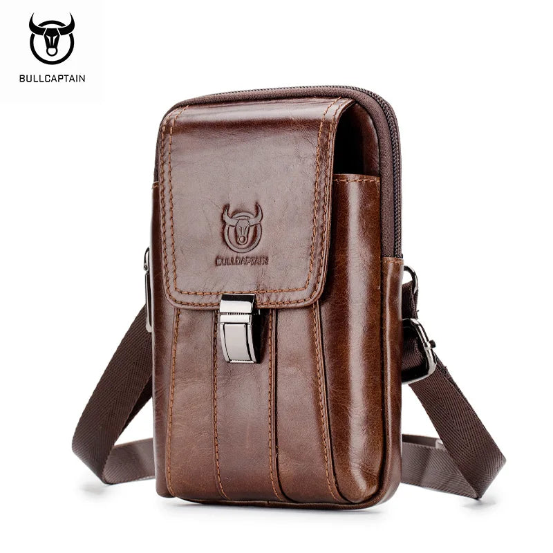 BULLCAPTAIN  Genuine Leather Vintage Waist Packs Men Travel Fanny Pack Belt Bum Shoulder Bag Waist Bag Mobile Phone Pouch