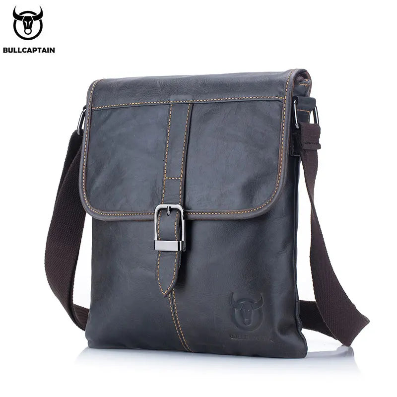BULLCAPTAIN Men's Leather Shoulder Slung Casual Sports Outdoor Soft Head Layer Leather Trend Business Small Flat Bag Men's Bag