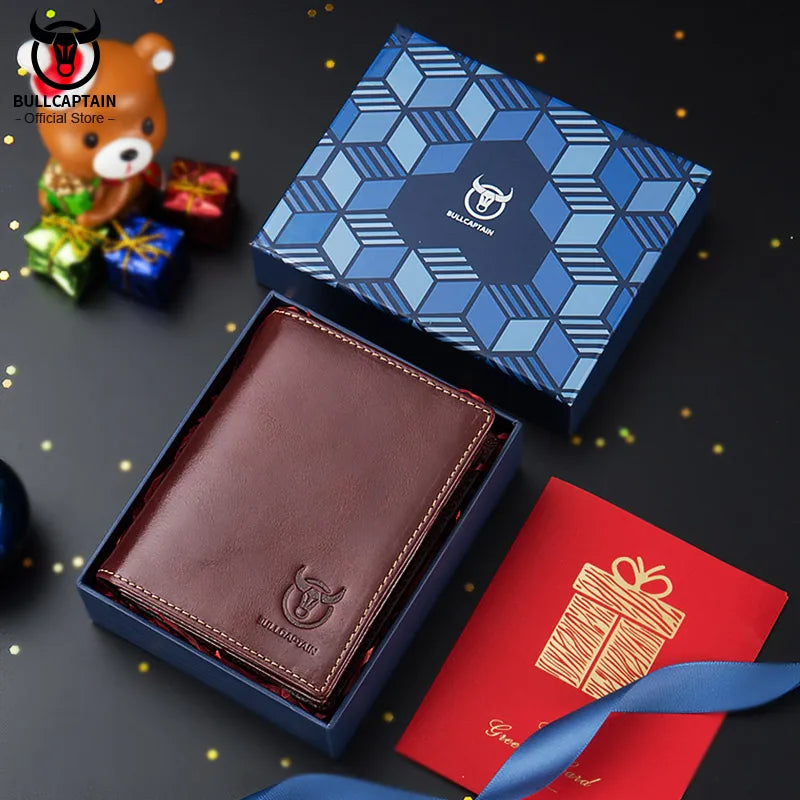 Bullcaptain Large Capacity Leather Bi-Fold Wallet Men's Gift Wallet's Compact Mini Credit Card Holder RFID Wallet Man