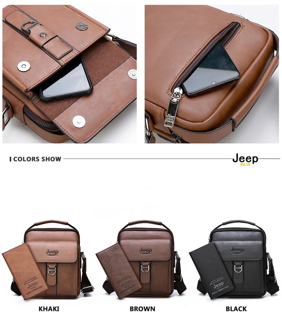 Khaki JEEPBULUO Brand Casual Leather Crossbody Bags Men Shoulder Messenger Bag