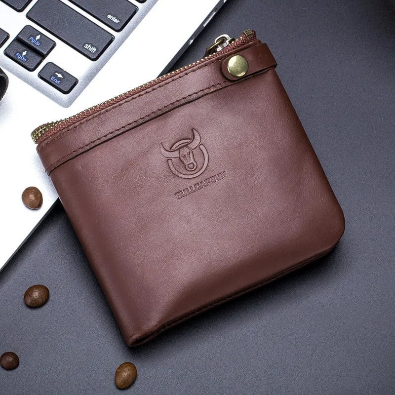 BULLCAPTAIN Leather Wallet Men's Zipper Wallet Men's Wallet Purse RFID Mini Wallet And Smart Design Zipper Buckle Wallet