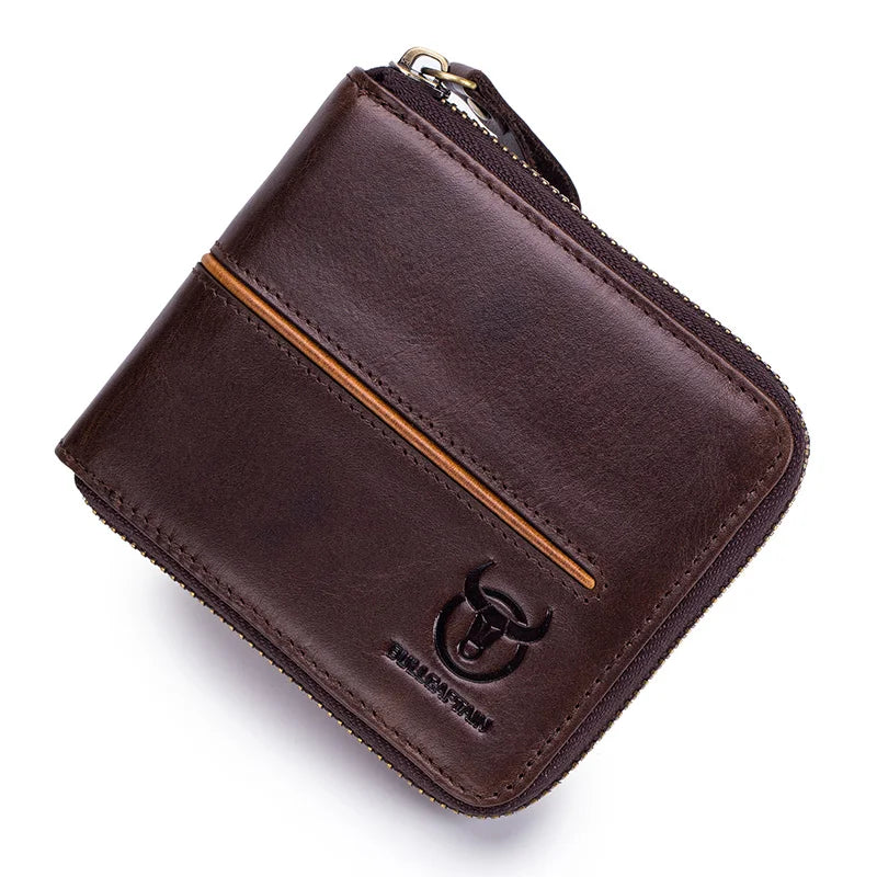 BULLCAPTAIN Genuine Leather Men's Wallet Vintage Zipper with Partition Clip RFID Credit Card Holder Burglar Leather Mini Wallet