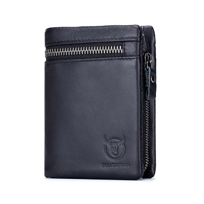 BULLCAPTAIN Short Tri-Fold Buckle Zipper Wallet Men's Cow Leather Wallet Coin Purse Money Bag Business Card Holder RFID Holder