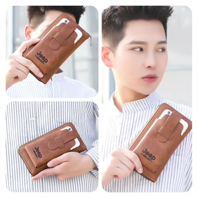 JEEP BULUO Leather Brand Purse Phone Double Zipper Luxury Wallet Clutch Bag