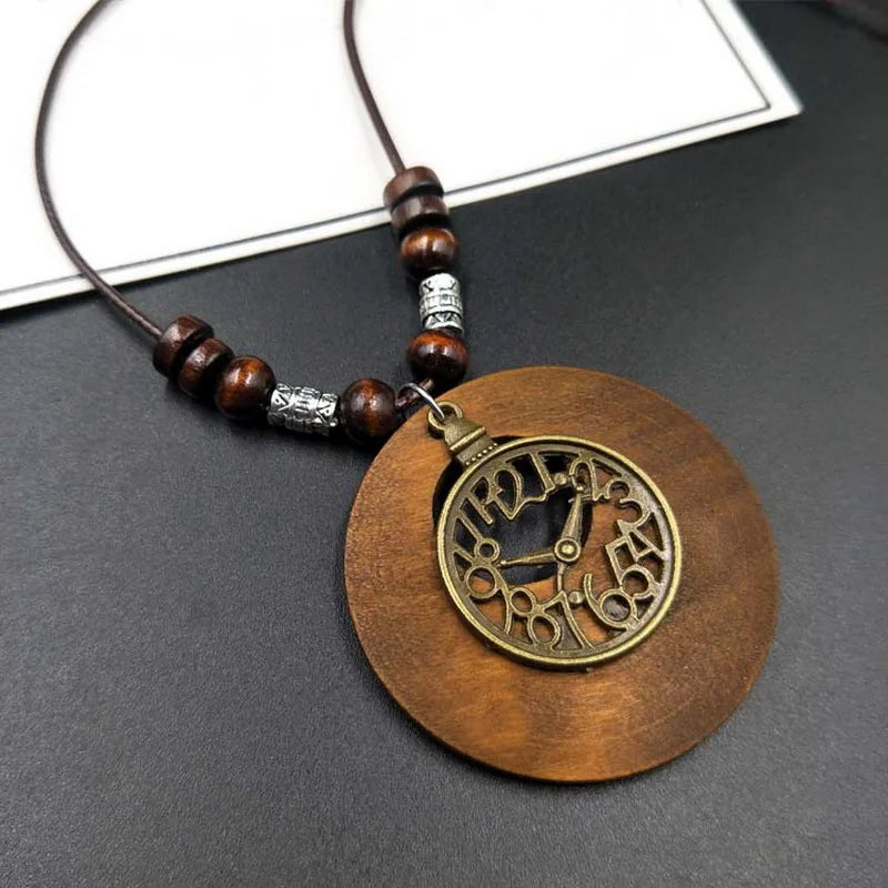 Vintage Fashion Winter Long Sweater Chain Necklace Handmade Wooden Round Pendant Necklace Famale Bijoux Collier Jewelry Gifts