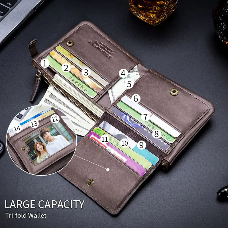 BULLCAPTAIN Leather Wallet Men's Zipper Wallet Men's Wallet Purse RFID Mini Wallet And Smart Design Zipper Buckle Wallet