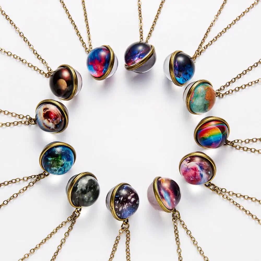 Unique Luminous Universe Galaxy Planet Glass Necklace Glow In The Dark Cosmic Ball Pendant Necklace for Unisex Vintage Jewelry