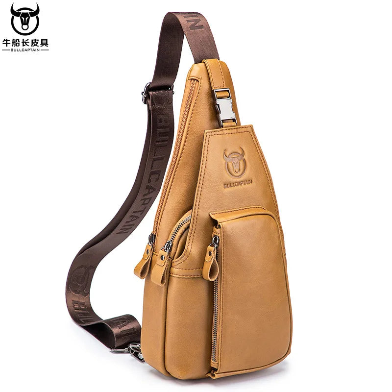 BULLCAPTAIN Men's Genuine Leather Chest Pack Chest Bag Men Multifunctional Headphone Jack Bages Casual Messenger Bags Men Bag's